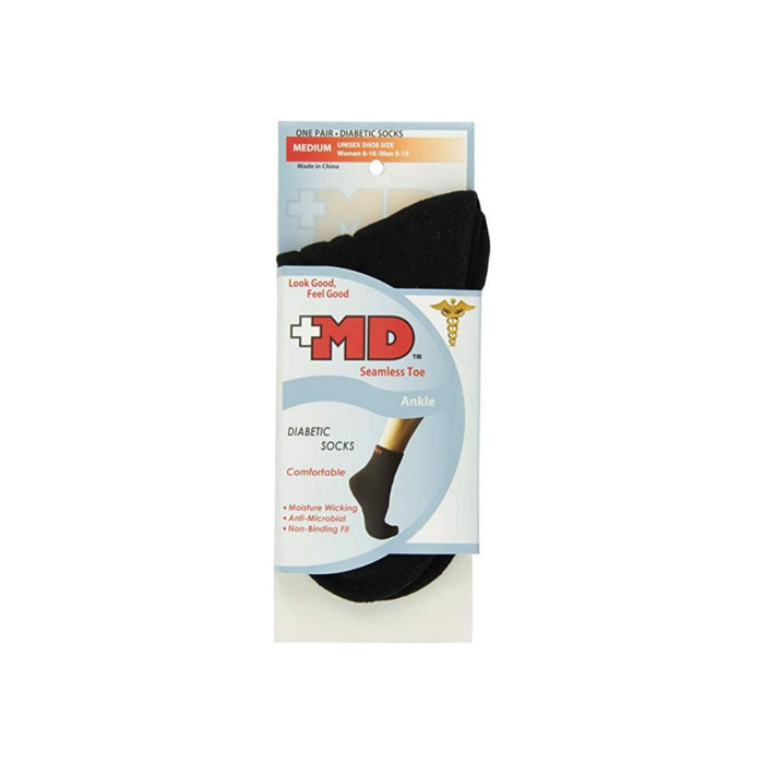 MD USA  Ankle Diabetic Socks, Seamless Toe, Black, Medium 1 ea