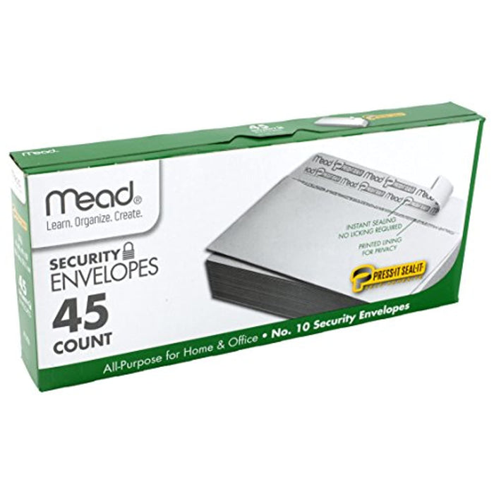 Mead #10 Envelopes, Security, Press-it Seal-it, 4-1/8" X 9-1/2", White, 45 Per Box (75026)