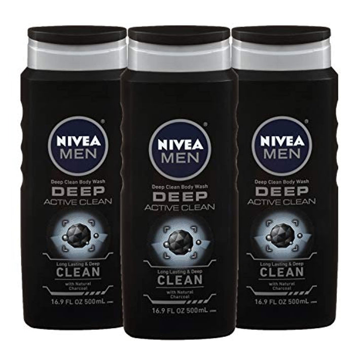 NIVEA Men Deep Active Clean Body Wash - 8-Hour Fresh Scent with Natural Charcoal - 16.9 Fl. Oz. Bottle (Pack of 3)