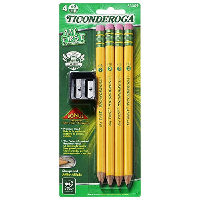 TICONDEROGA My First Pencils, Wood-Cased #2 HB Soft, Pre-Sharpened with Eraser, Includes Bonus Sharpener, Yellow, 4-Pack (33309)