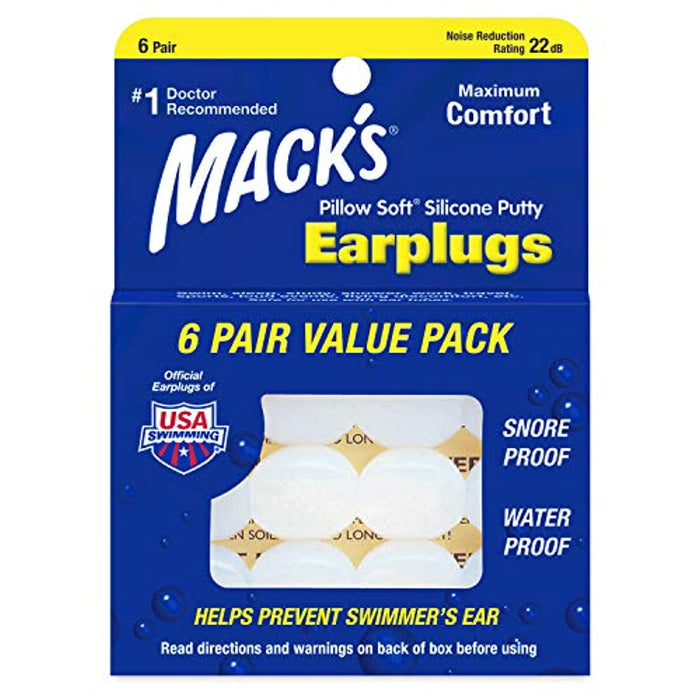 Mack's Pillow Soft Silicone Earplugs - 6 Pair, Value Pack – The Original Moldable Silicone Putty Ear Plugs for Sleeping, Snoring, Swimming, Travel, Concerts and Studying