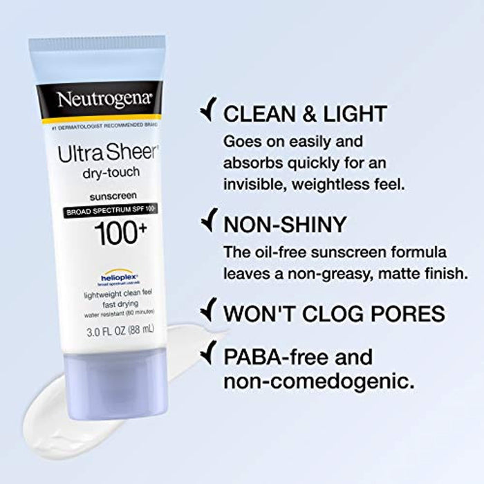 Neutrogena Ultra Sheer Dry-Touch Water Resistant and Non-Greasy Sunscreen Lotion with Broad Spectrum SPF 100+, 3 fl. oz