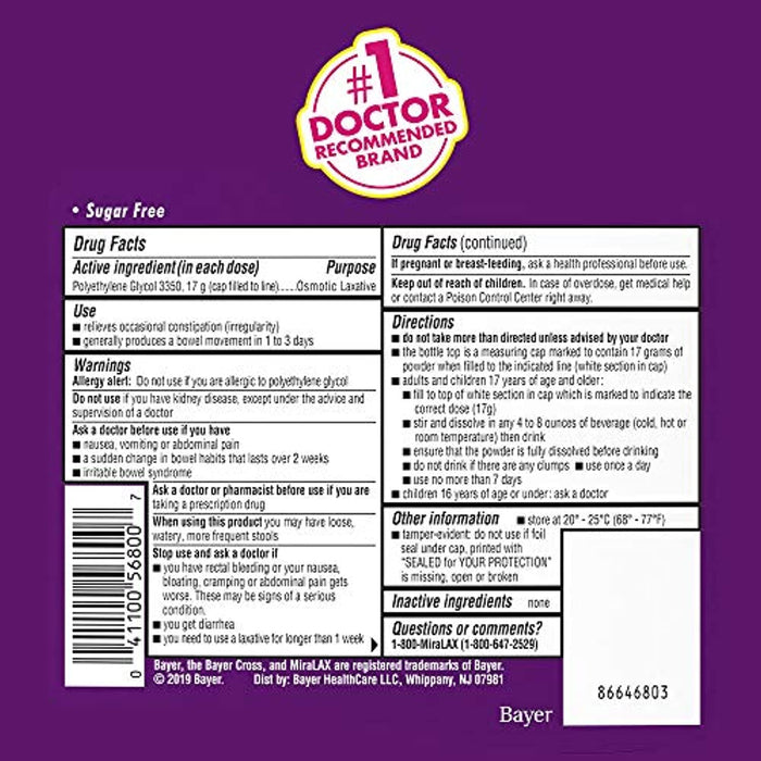 MiraLAX Laxative Powder for Gentle Constipation Relief, #1 Dr. Recommended Brand, 45 Dose Polyethylene Glycol 3350, stimulant-free, softens stool