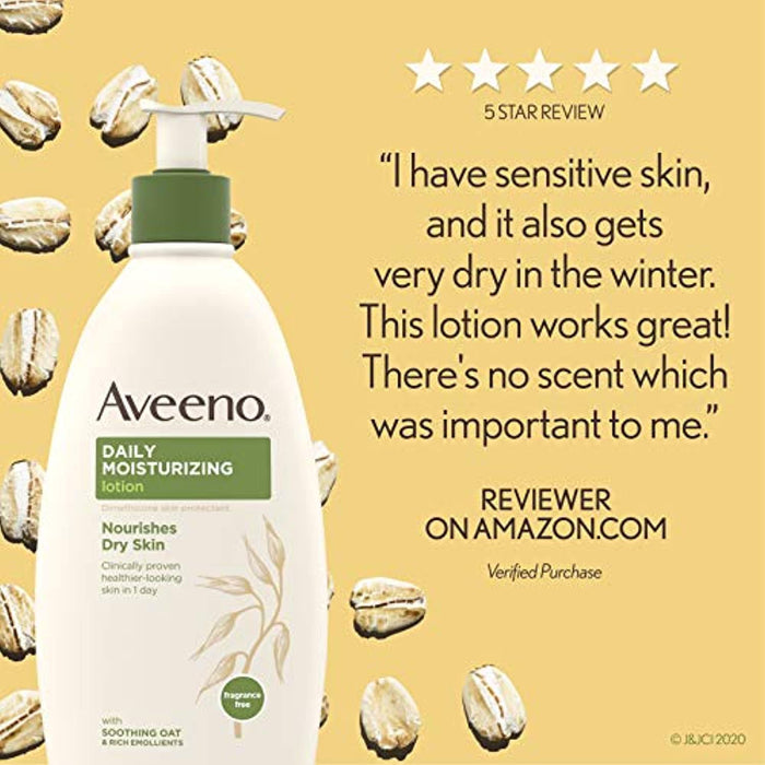 Aveeno Daily Moisturizing Body Lotion with Soothing Oat and Rich Emollients to Nourish Dry Skin, Gentle & Fragrance-Free Lotion is Non-Greasy & Non-Comedogenic, 18 fl. oz