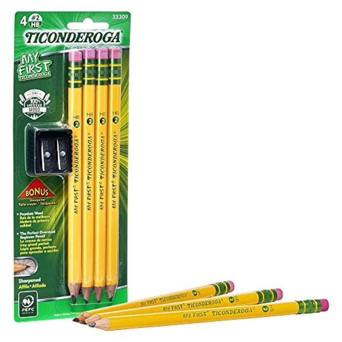 TICONDEROGA My First Pencils, Wood-Cased #2 HB Soft, Pre-Sharpened with Eraser, Includes Bonus Sharpener, Yellow, 4-Pack (33309)