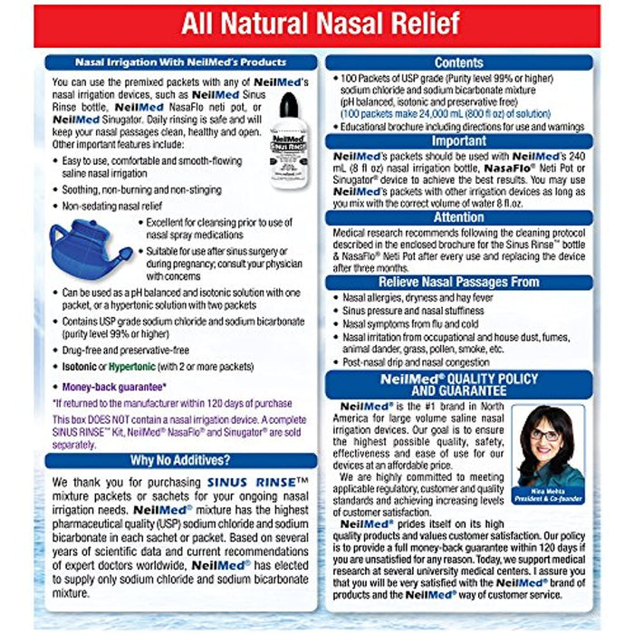 NeilMed Sinus Rinse All Natural Relief Premixed Refill Packets 100 Each