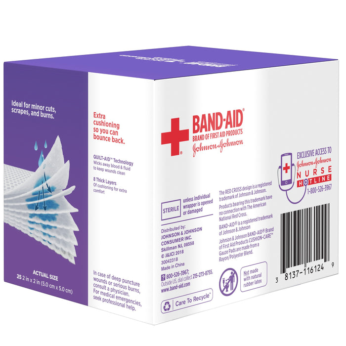 BAND-AID First Aid Cushion-Care Gauze Pads, 2in x 2in, 25 ea